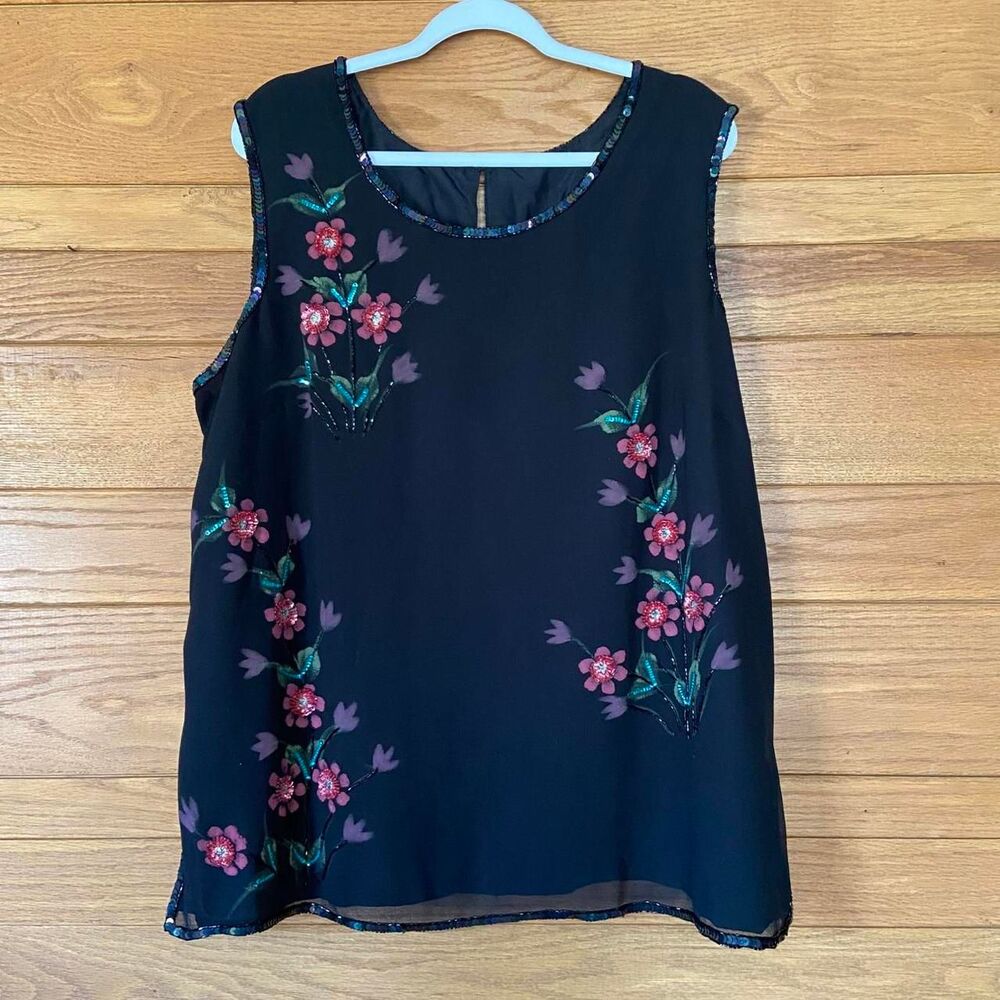 Vintage 90s black floral beaded sequinned sheer tank top plus size